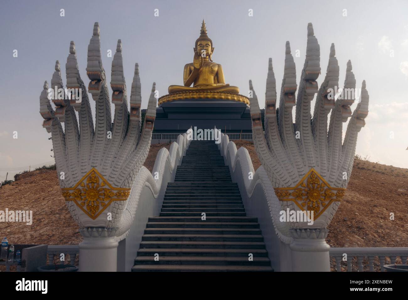 Sculptures and steps to the Big Buddha at Thonghaiheen Xaiyalam Temple; Phonsavan, Xiangkhouang Province, Laos Stock Photo