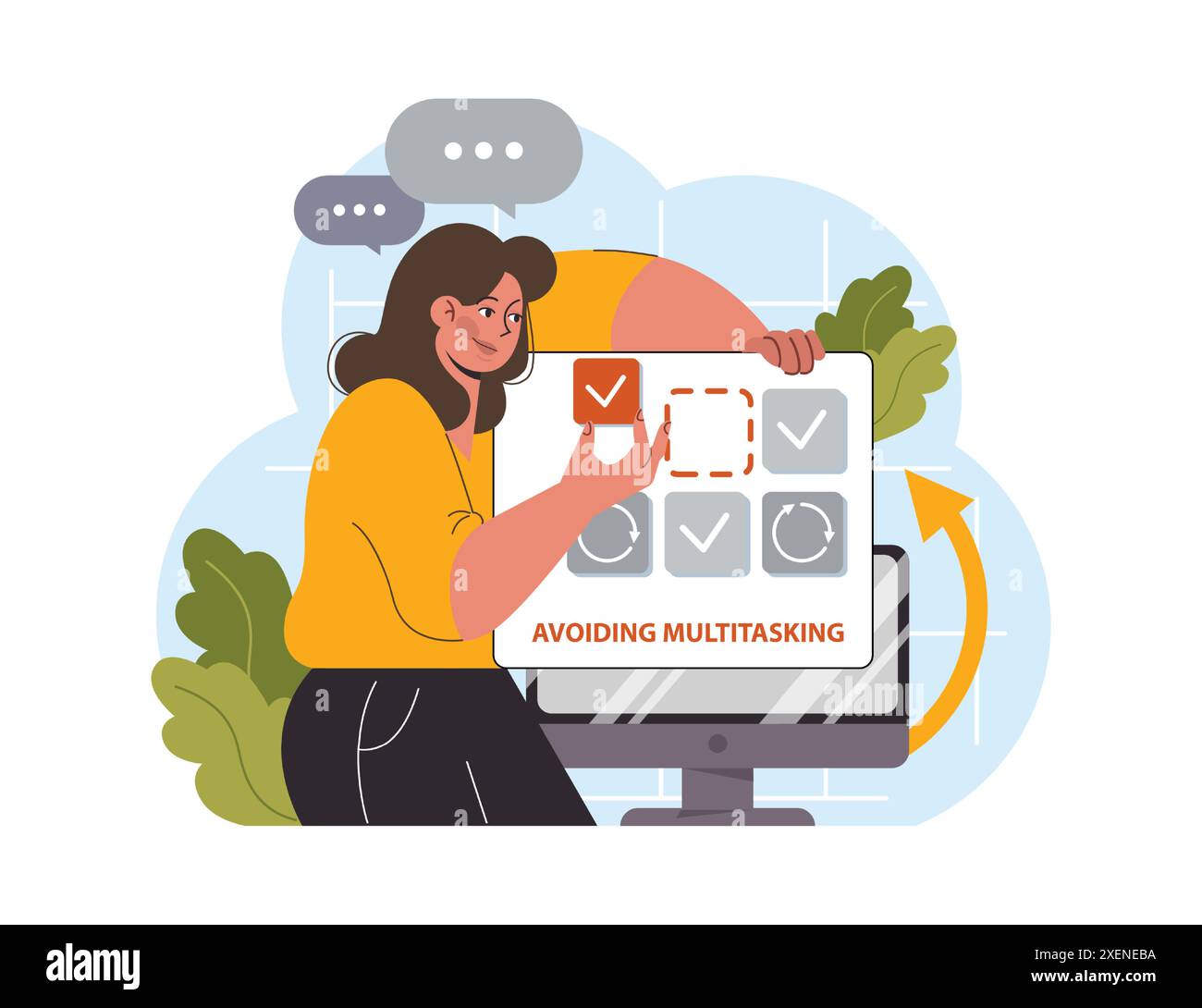 Hyperfocus. Focus and concentration skill. Self-discipline and time management. Avoiding multitasking for performance efficiency. Flat vector illustration Stock Vector
