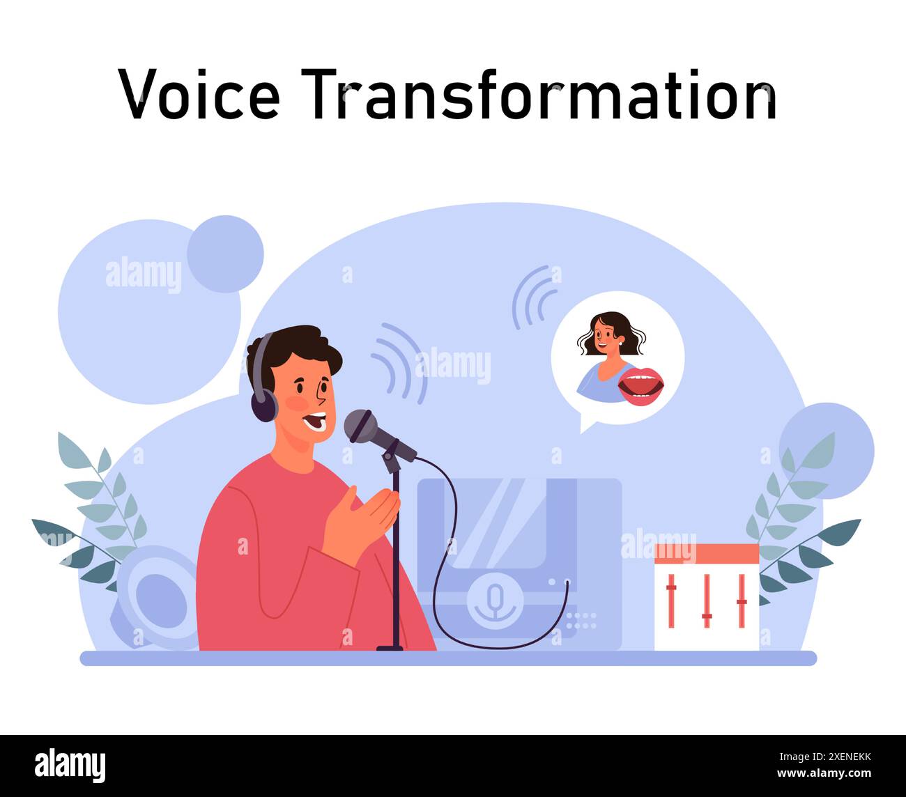 Voice changer or voice enhancer. Man speaking on microphone with female voice. Device changing the tone or pitch of user's voice. Social media communication. Flat vector illustration Stock Vector