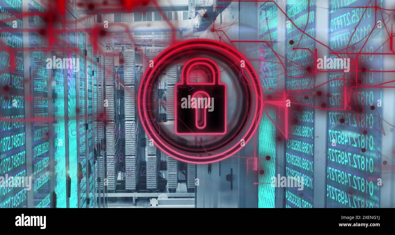 Image of security padlock icon against biometric fingerprint scanner over server room Stock Photo