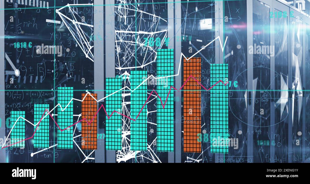 Image of statistical data processing against plexus networks over computer server room Stock Photo