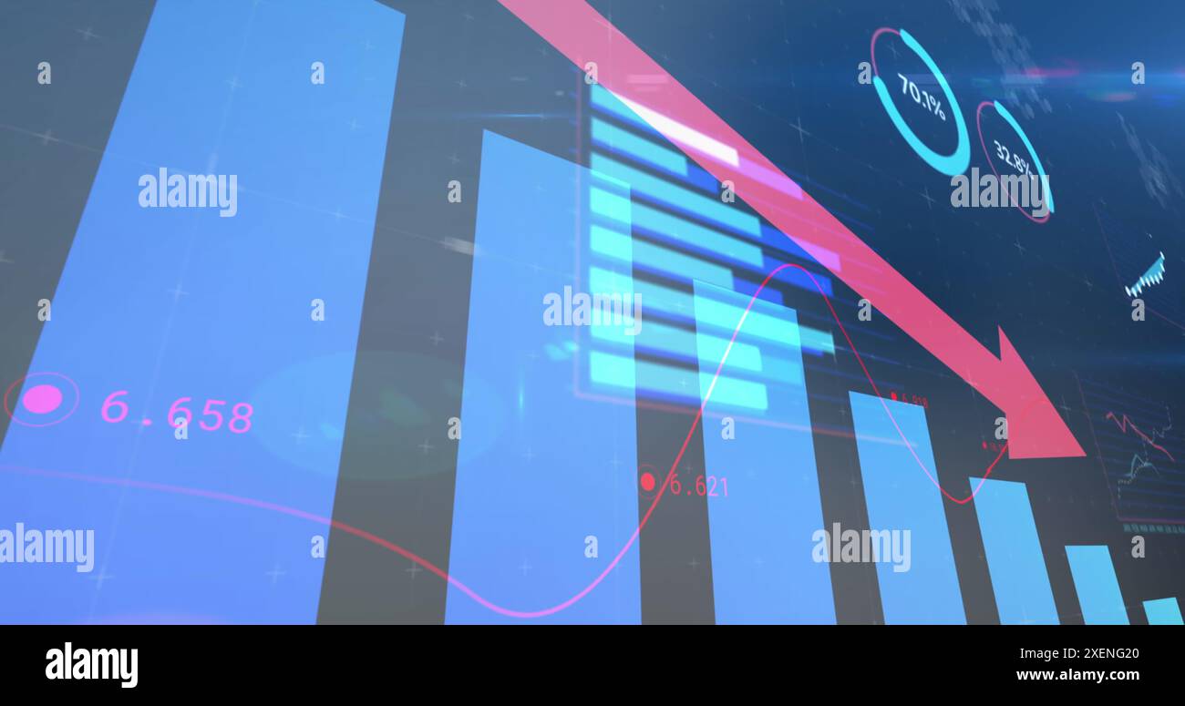 Image of statistical data processing against light spot on blue background Stock Photo