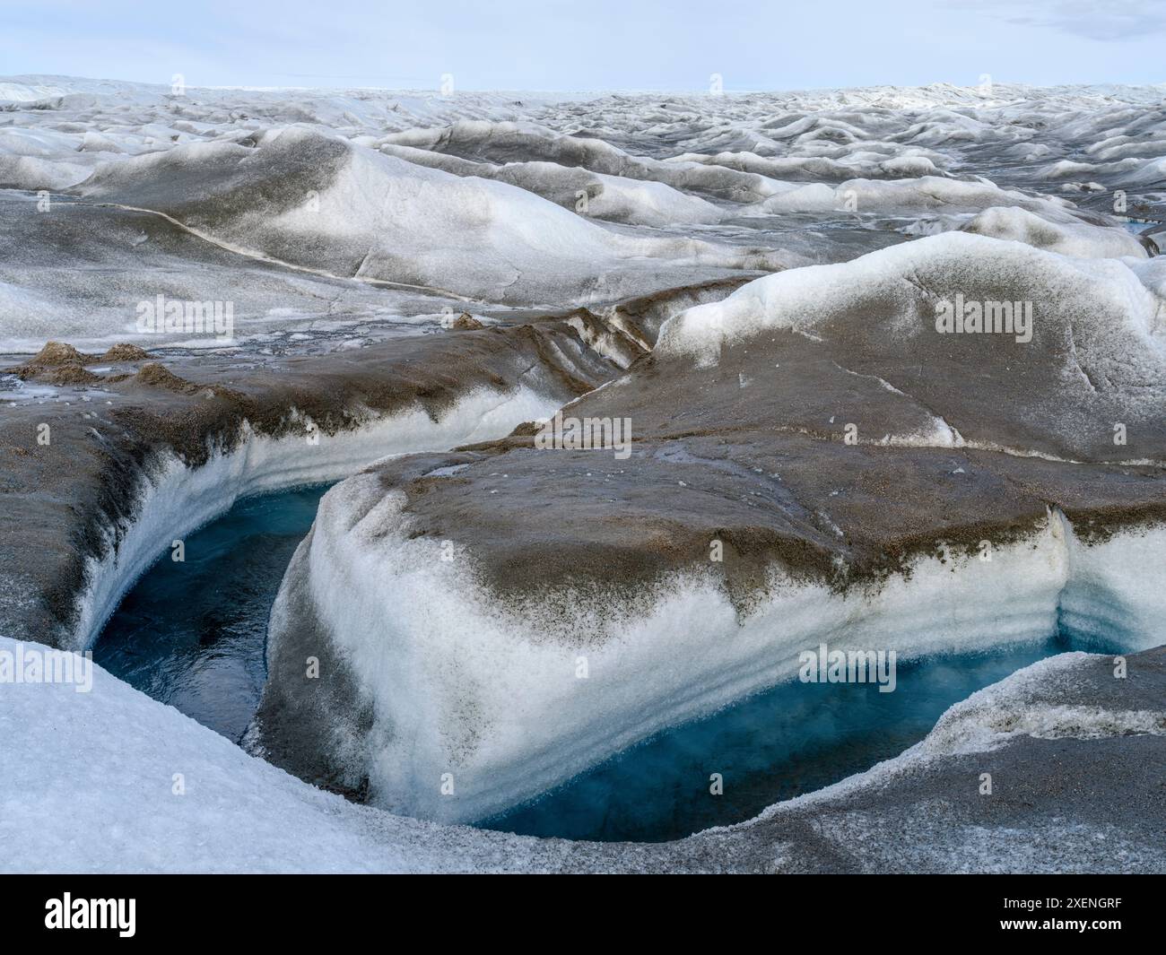 Drainage system on the surface of the ice sheet. The brown sediment on ...