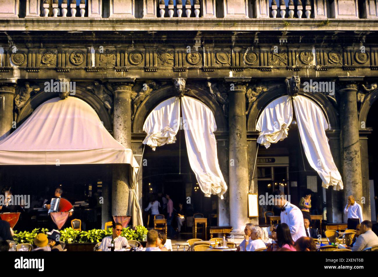 Musicians on stage in front of Caffe Florian, St. Marco square, Venice, Italy Stock Photo
