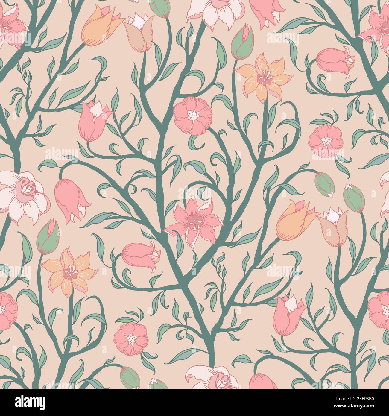 Seamless floral pattern with a light beige background. Stylized tulips flowers in soft pastel shades.  Stock Vector