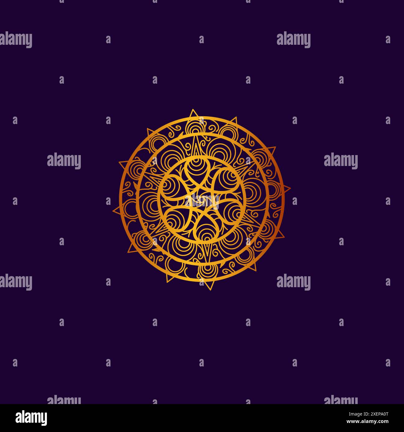 luxury line art mandala golden design background inlaid in purple background Stock Vector