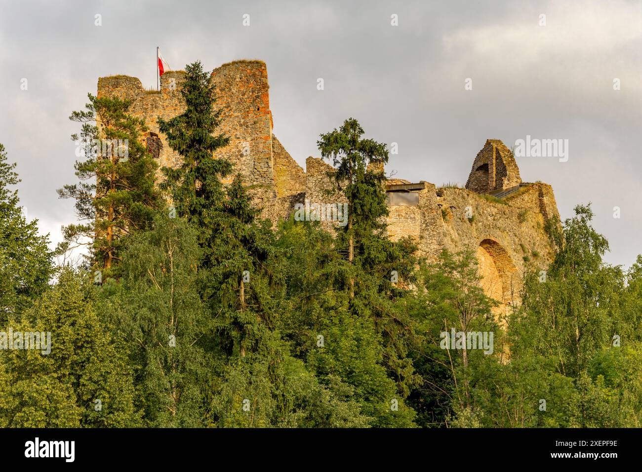 Restored ruins of the castle in Czorsztyn by the lake, tourist attraction, Instagram place in Poland Stock Photo