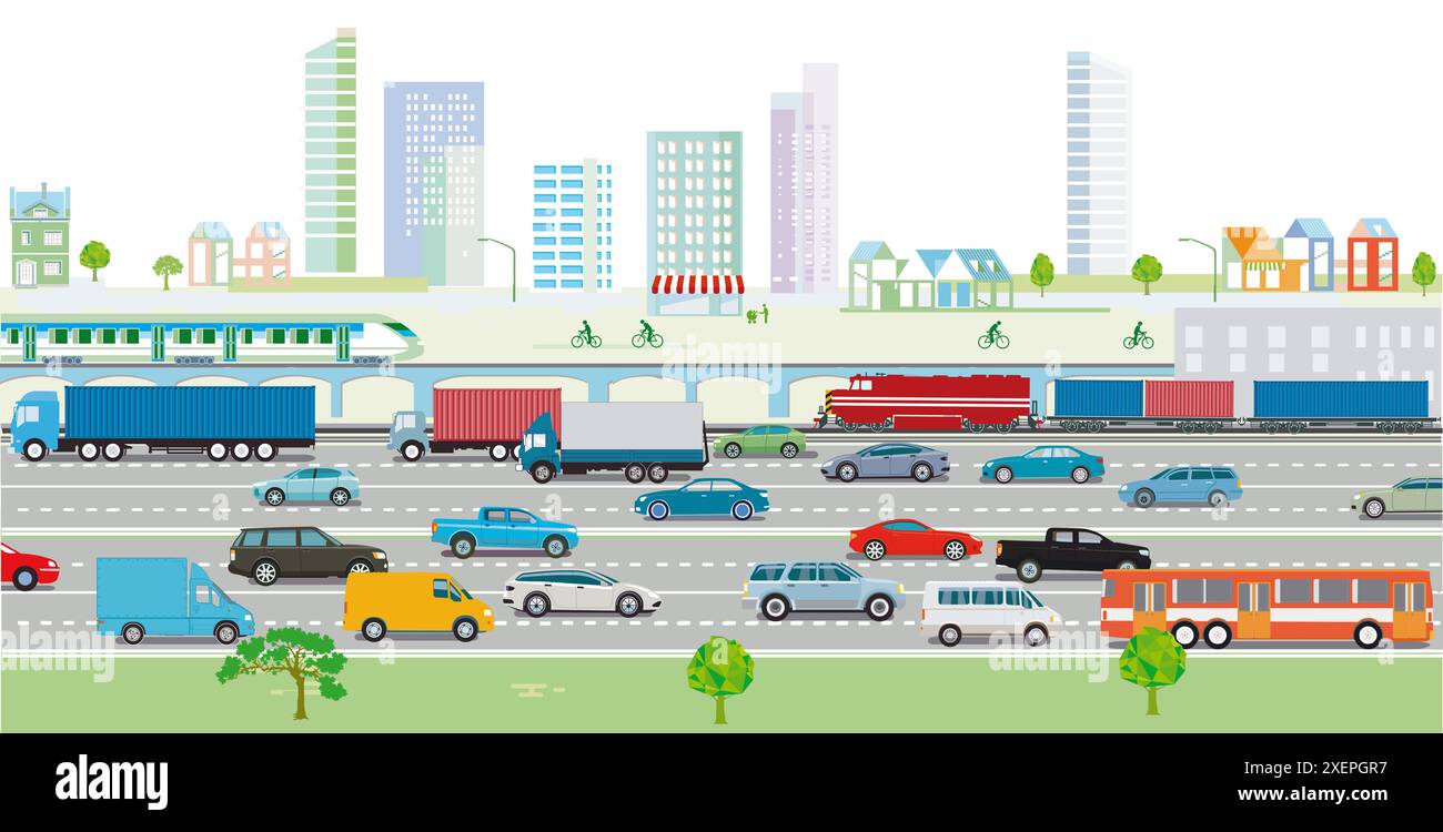 Passenger cars and trucks on the highway with Express train and freight ...