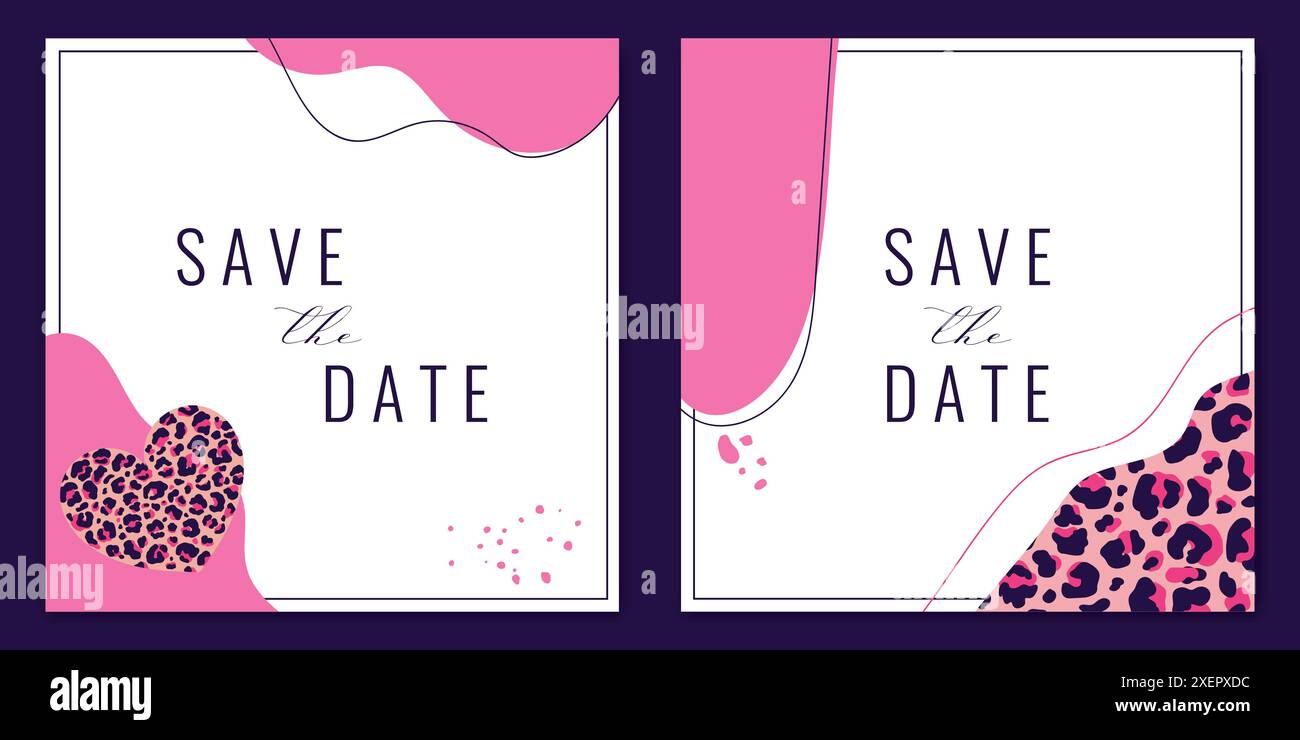 Save the date card templates decorated with leopard print, lines and shapes. Vector illustration Stock Vector