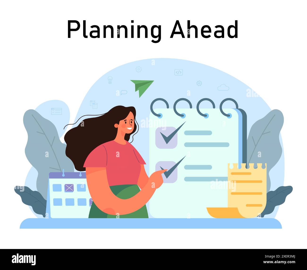 Daily routine. Female character planning or checking task, appointment ...