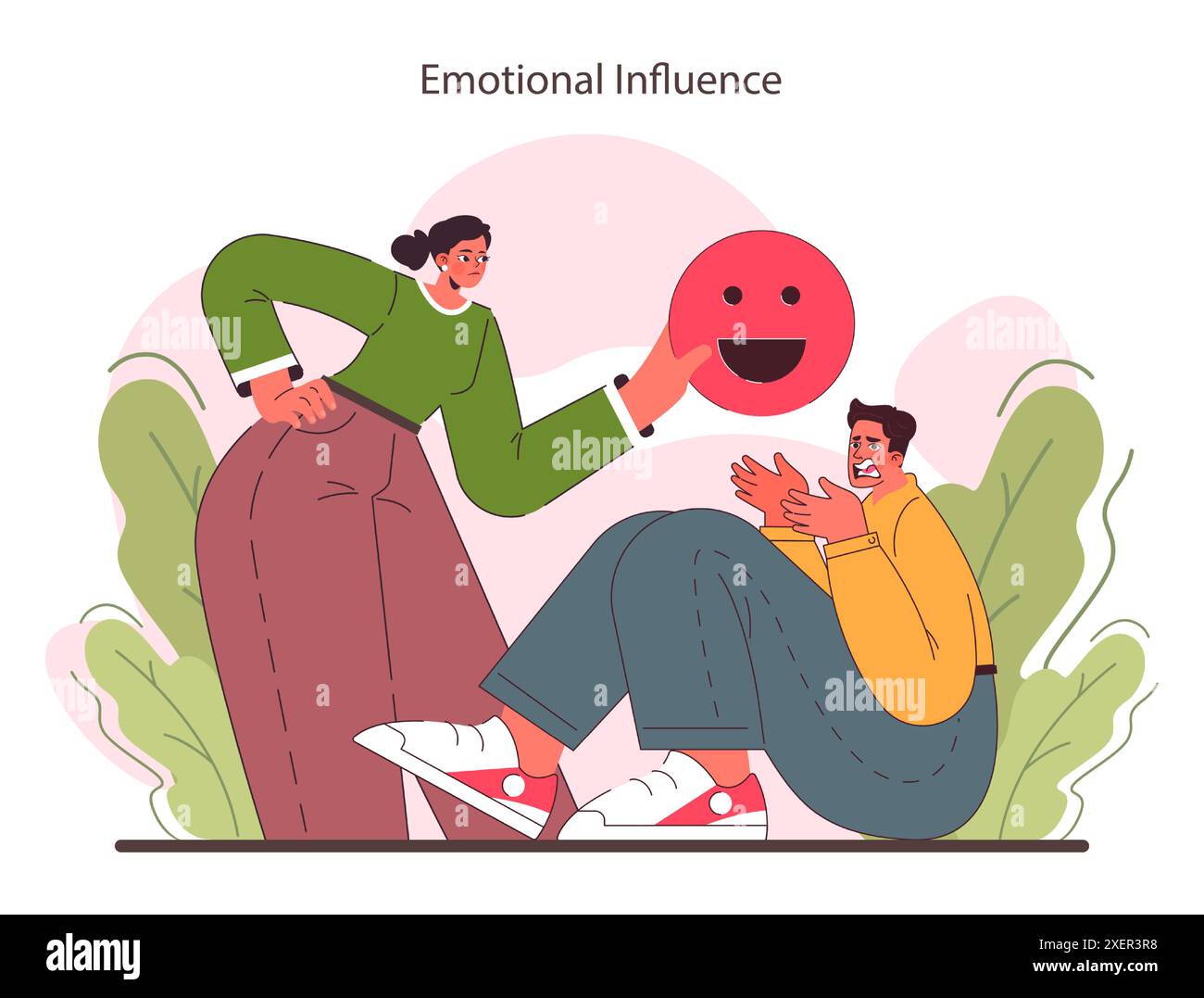 Woman manipualting confused man emotions. Female character influencing ...
