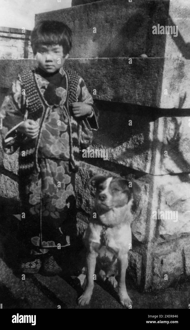 A young Japanese boy with his dog Stock Photo