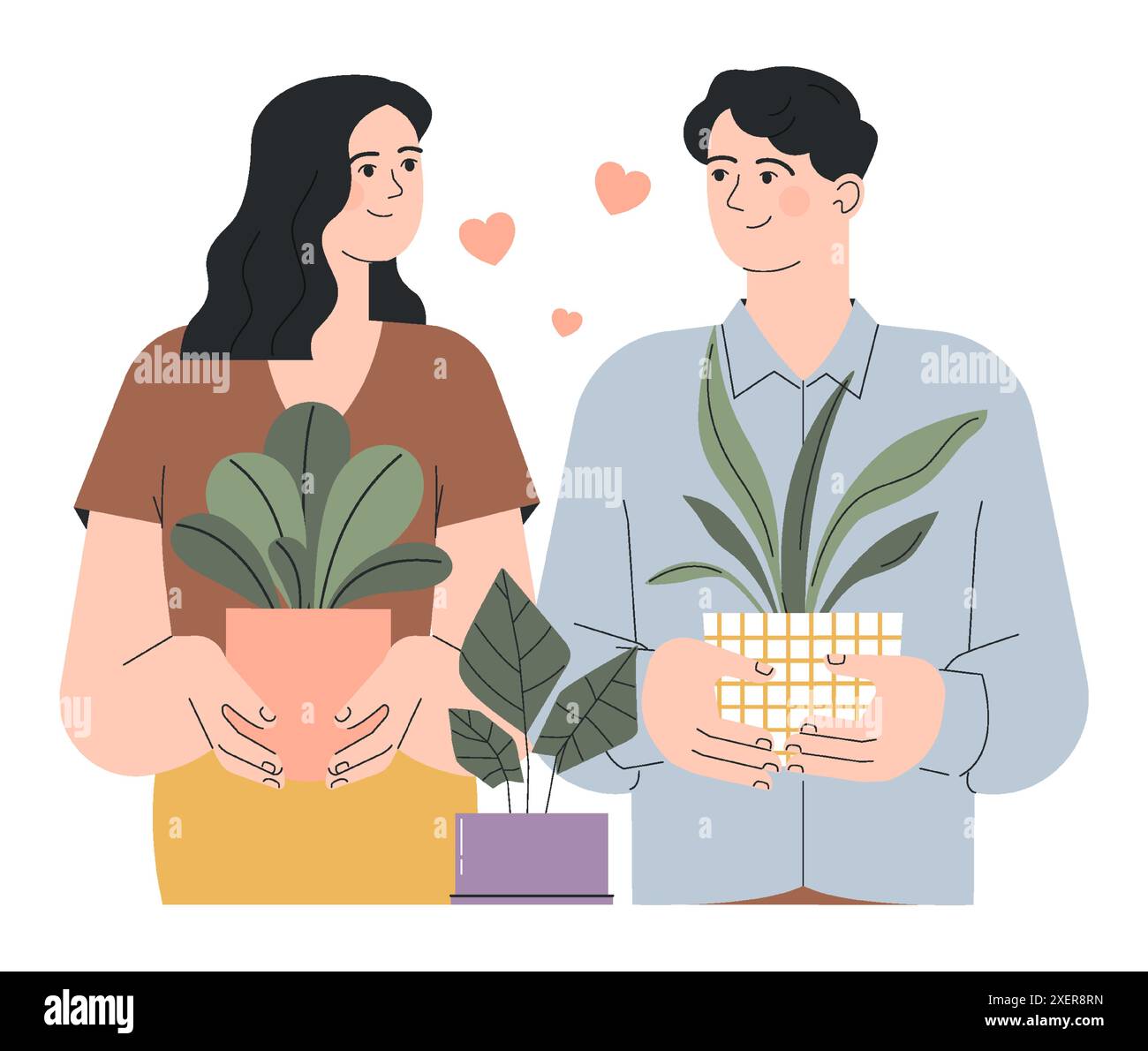 Moden family idea. Young childless couple carry potted plant. Happy man