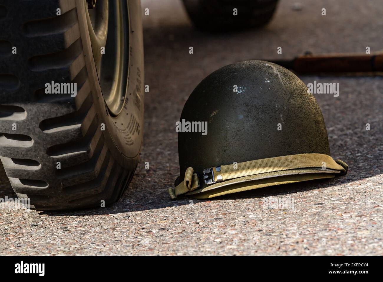 Close –up. An American M1 infantry helmet from World War II lies on the ...