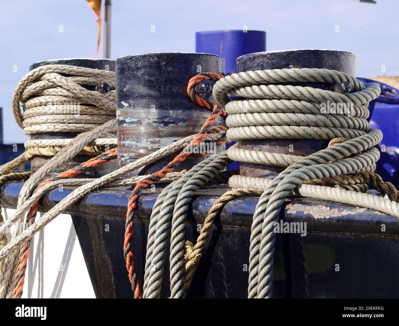 Coiled ropes on a ship on the Datteln-Hamm Canal, Germany, close up ...