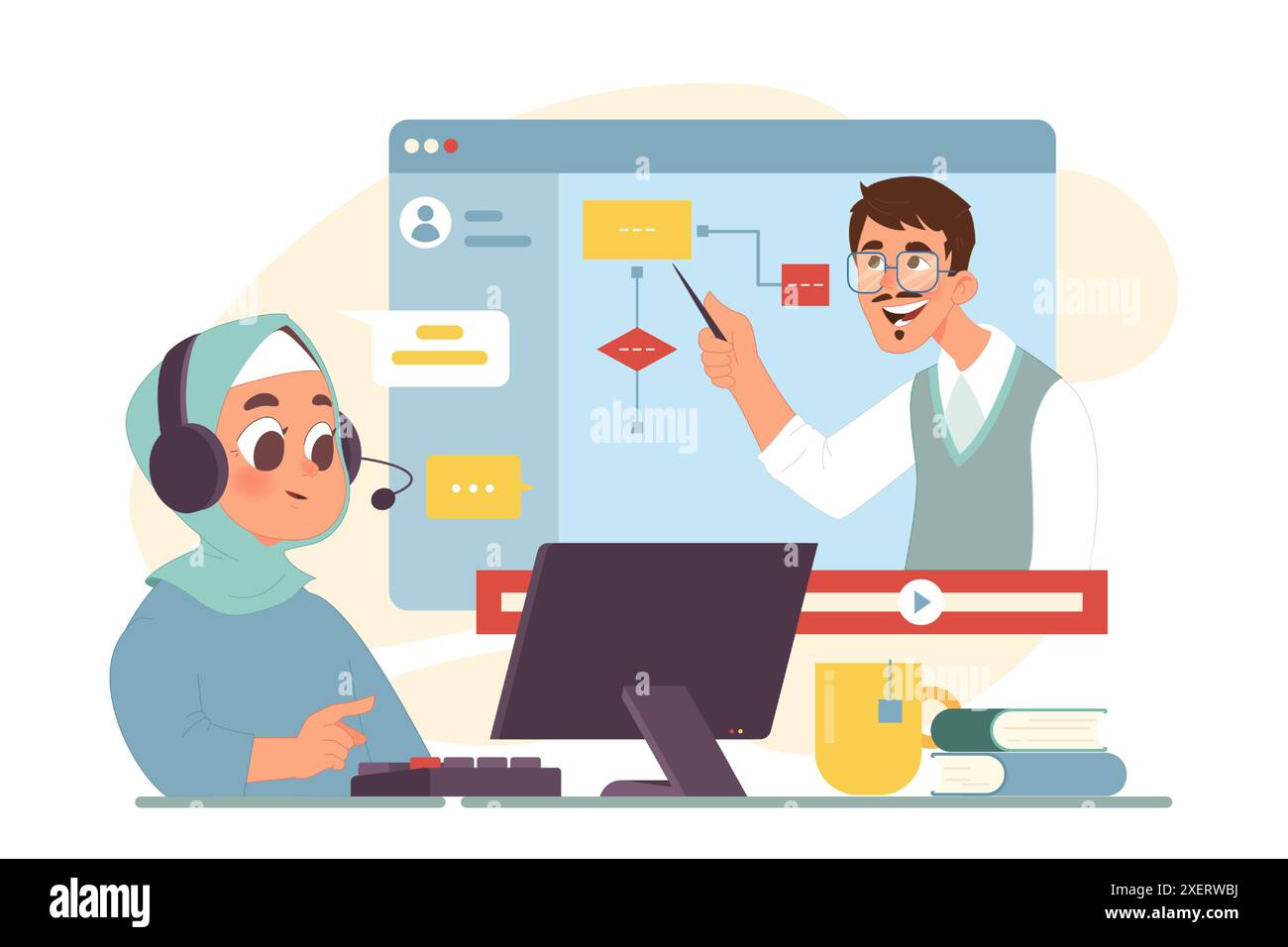 Computer science online class for kids. Little girl in hijab ...