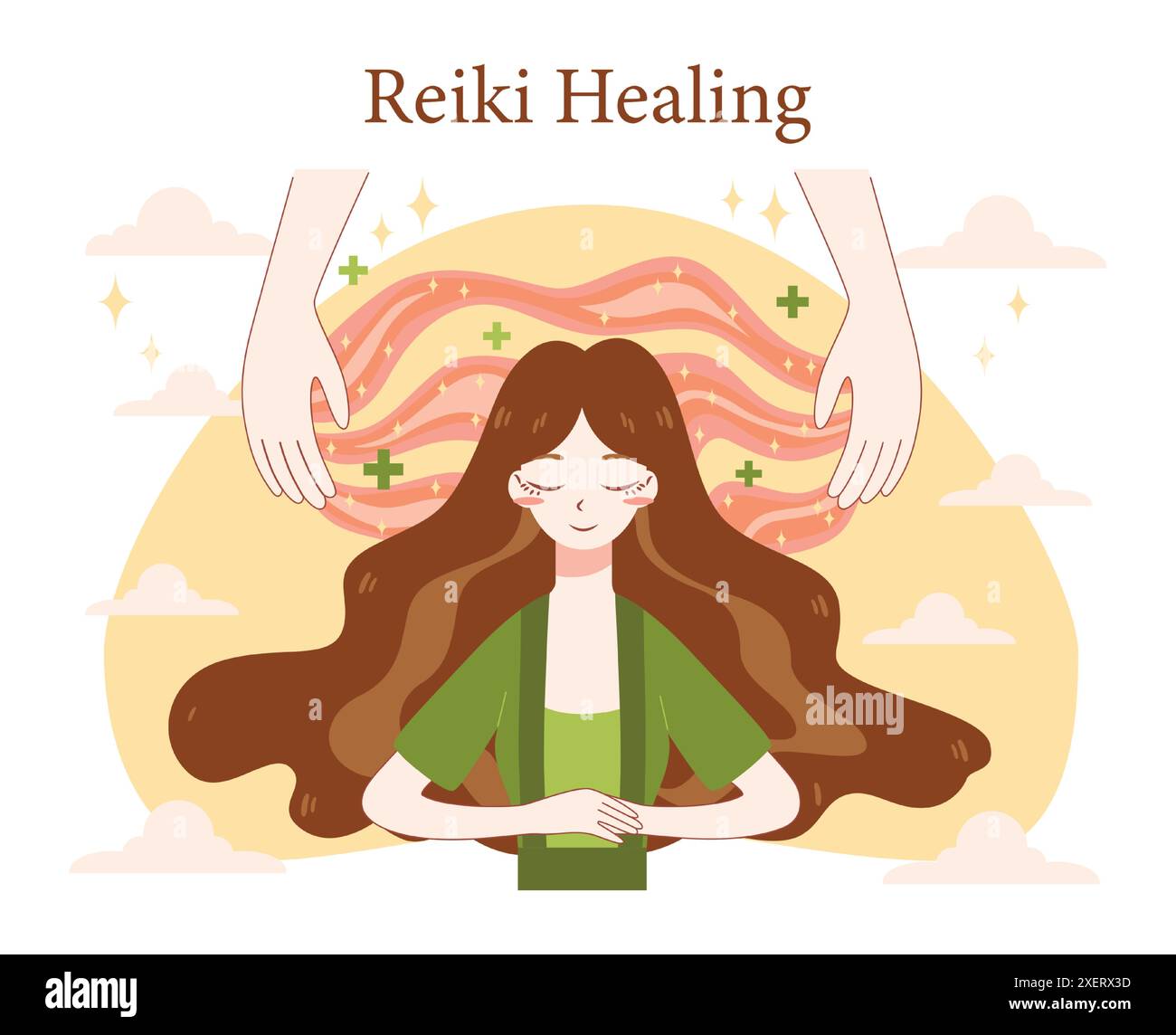 Spiritual practice. Reiki. Energy healing technique. Asian woman with hand movements, flow of healthy energy. Harmony, relaxation and healthy lifestyle. Flat vector illustration Stock Vector