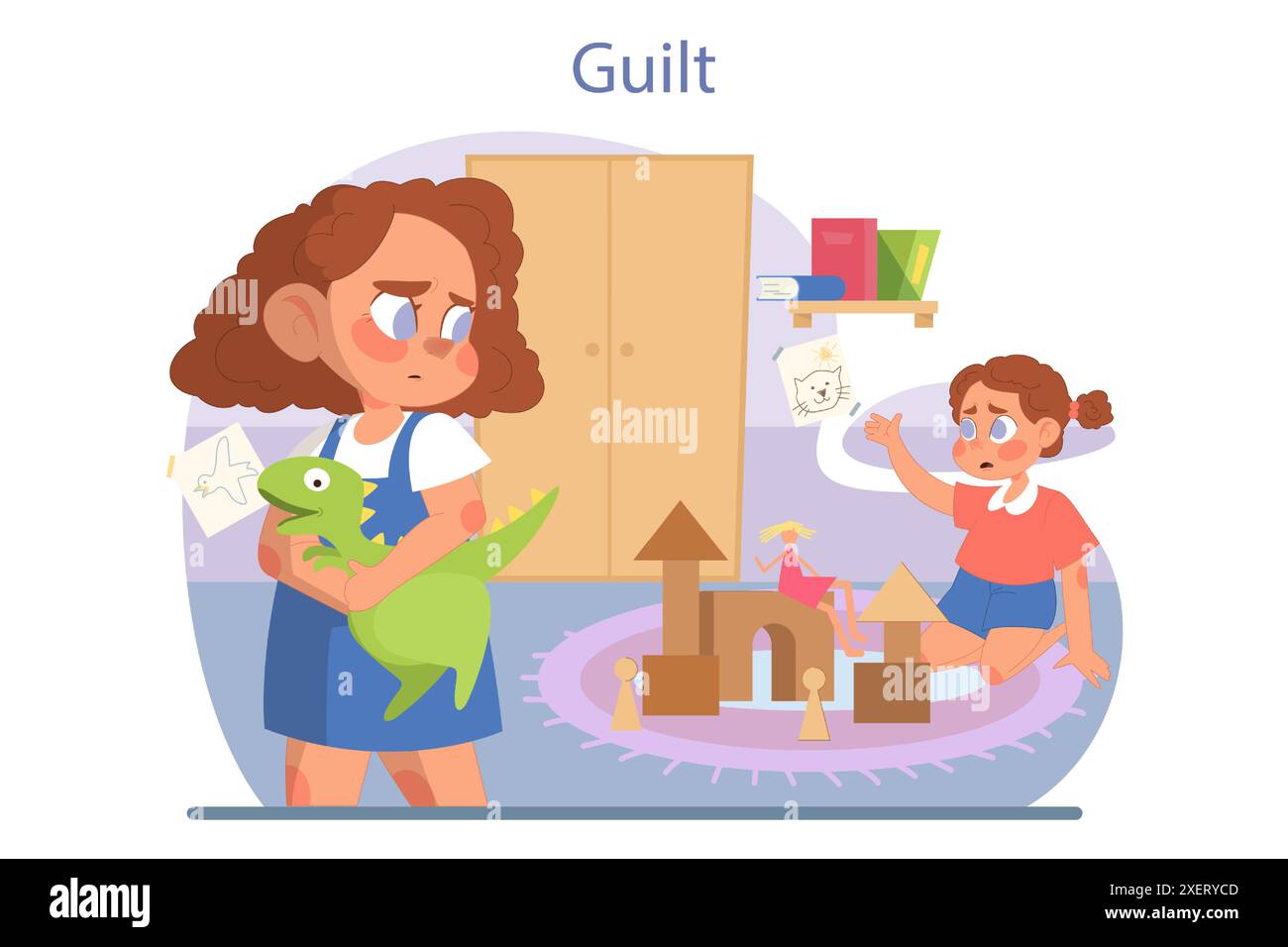 Children emotions. Embarrassed little girl feels guilty, taking a toy from another kid. Sisters playing together in the room. Child' emotional intelligence development. Flat vector illustration Stock Vector