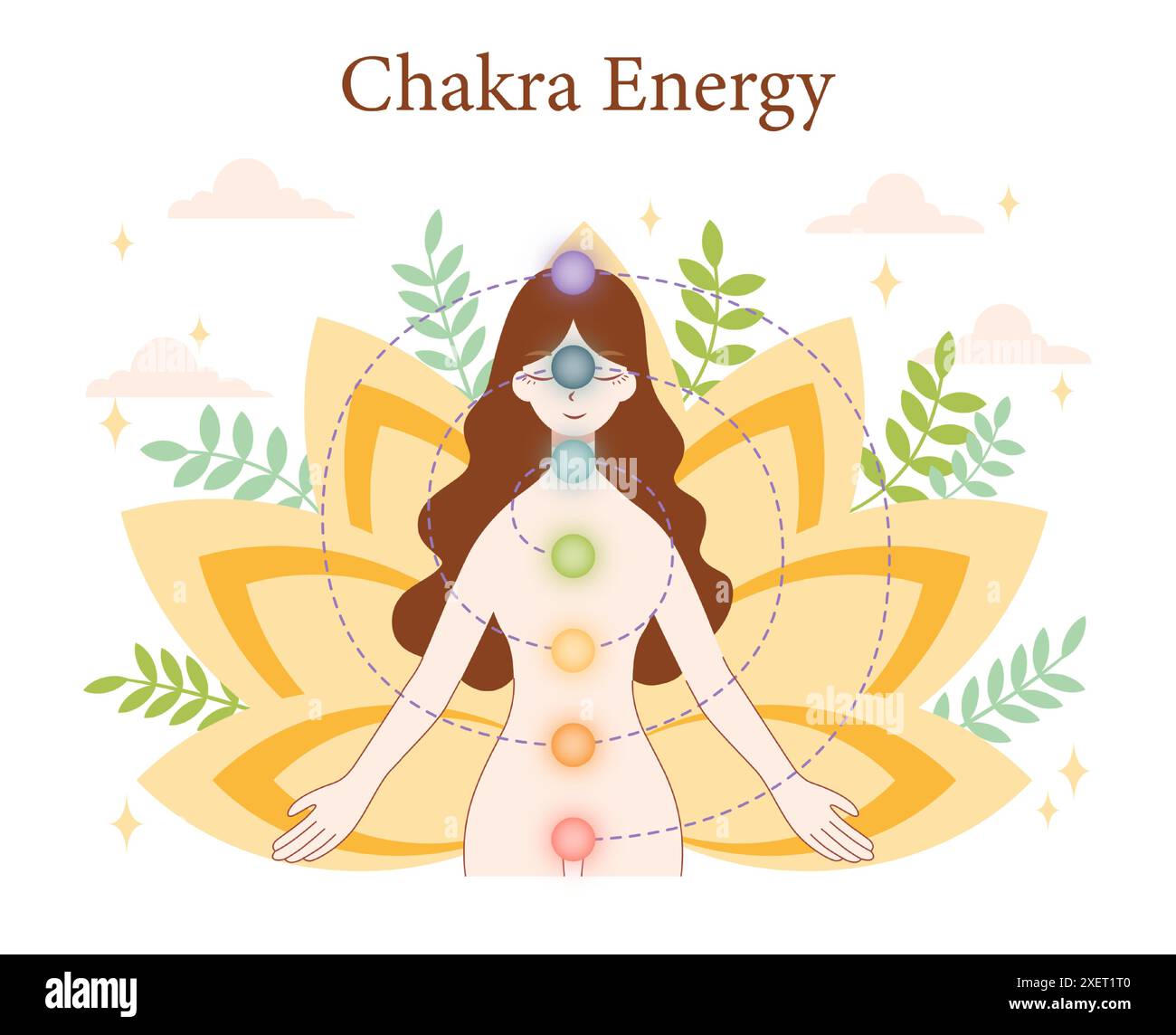 Spiritual practice. Meditation practice and chakras energy healing. Asian woman meditating. Harmony, relaxation and healthy lifestyle. Flat vector illustration Stock Vector