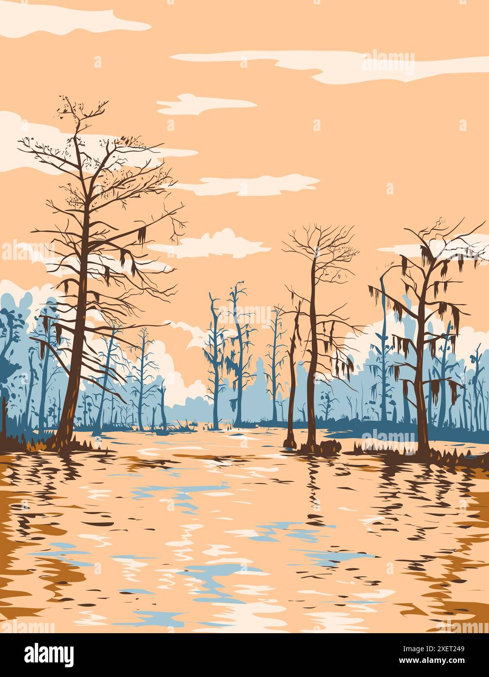 WPA poster art of wetlands in Barataria Preserve within Jean Lafitte National Historical Park, Louisiana USA done in works project administration or f Stock Vector