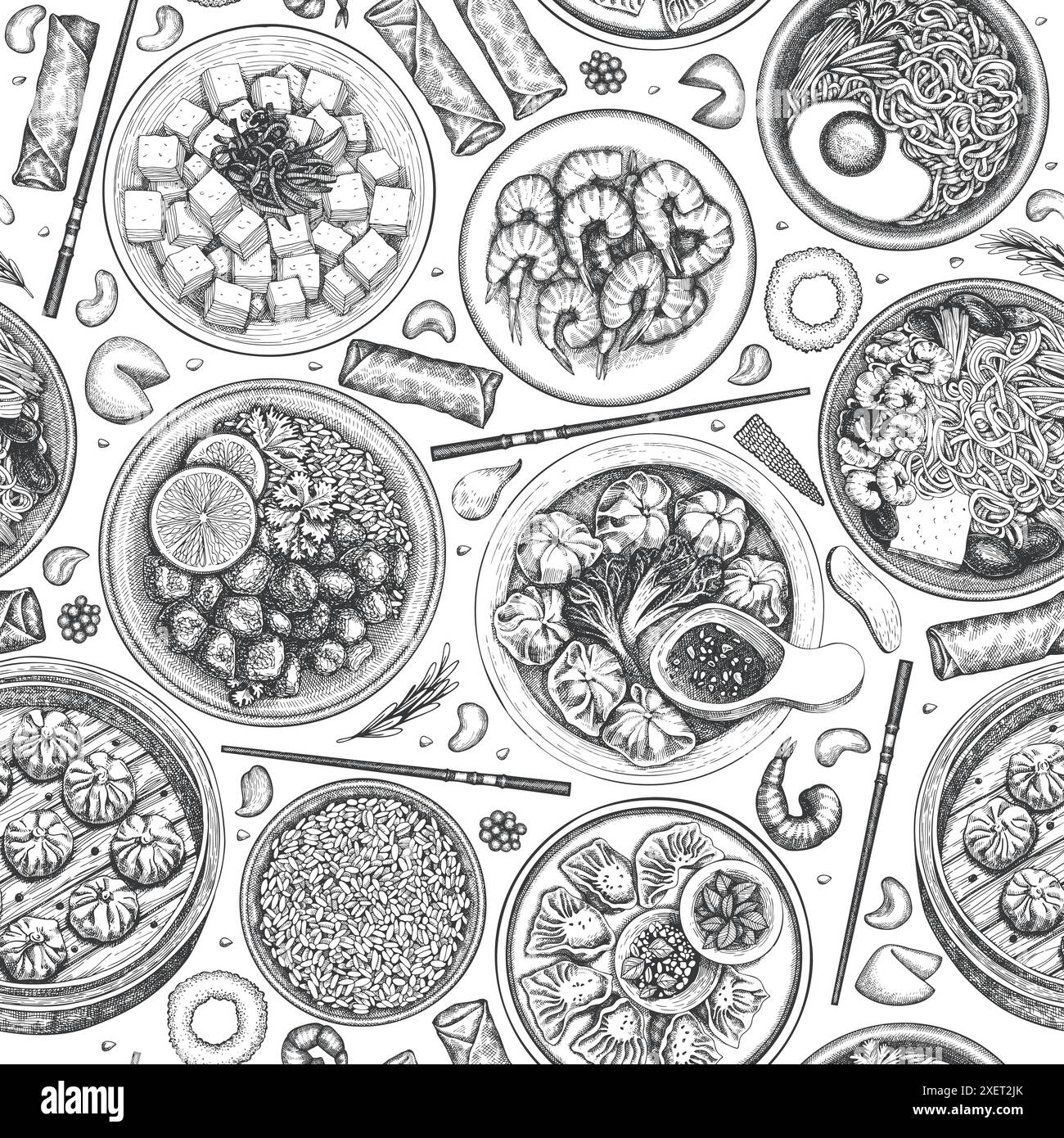 Chinese Cuisine Background. Vector Hand Drawn Asian Food Seamless ...