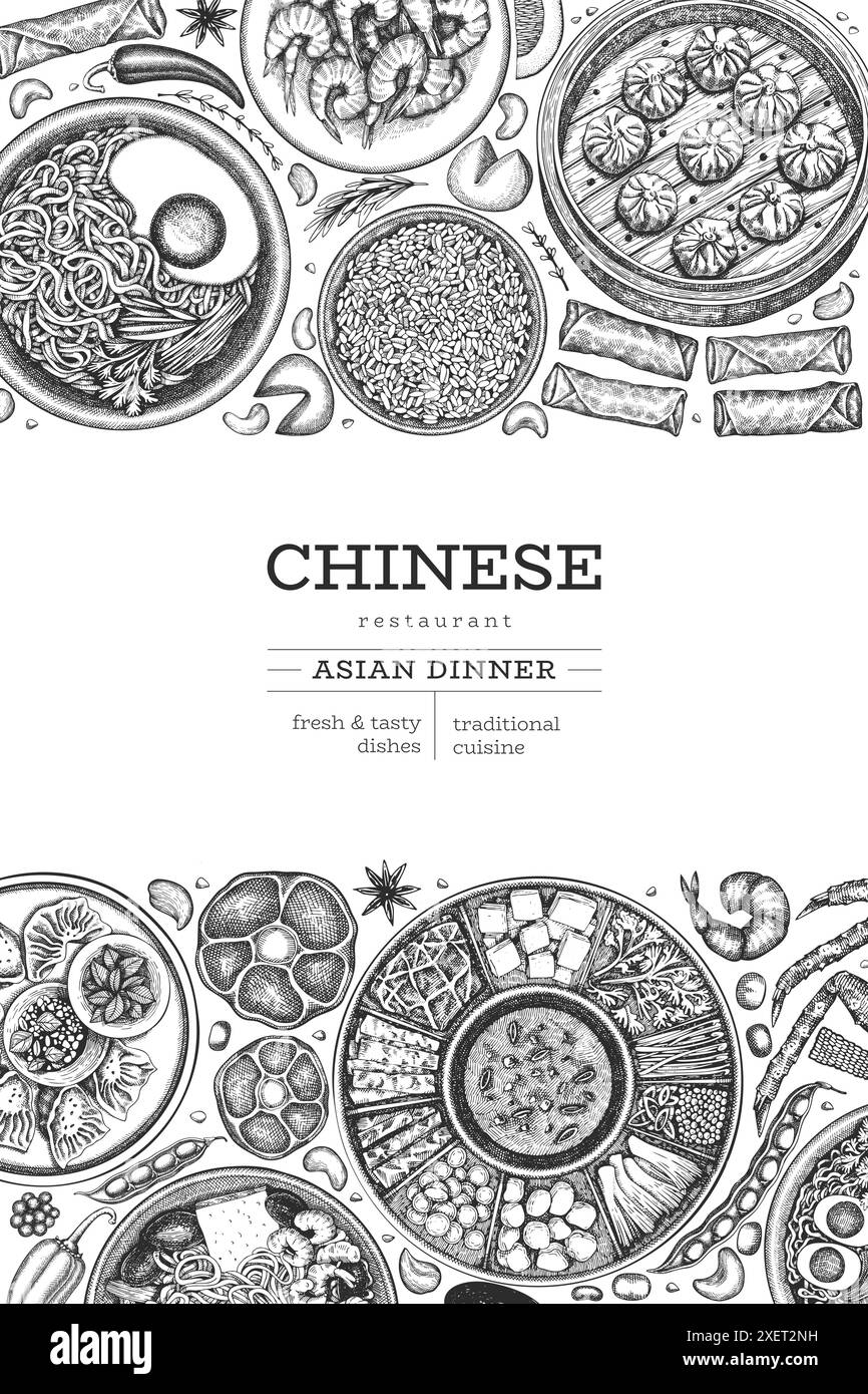 Chinese Cuisine Design Template. Vector Hand Drawn Asian Food Banner. Vintage Style Menu Illustration. Stock Vector