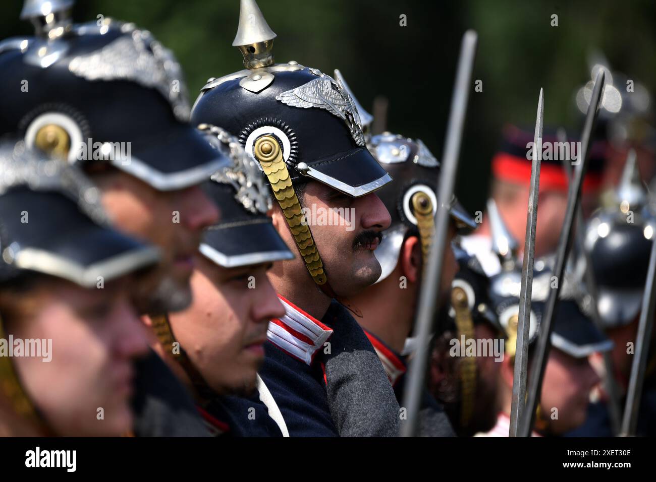 Chlum, Czech Republic. 29th June, 2024. People dressed as soldiers of the Austrian and Prussian army on the top of the hill Chlum near Hradec Kralove city paid tribute to the fallen soldiers by Battle scene ''The 18th Infantry Regiment from Hradec Kralove in the Battle of Chlum 1866'' in the Chlum in the Czech Republic.The Austrian army of 215,000 faced the Prussian Army of the Elbe (39,000) and First Army (85,000) on 3 July. The battle ended with heavy casualties for both sides. The Prussians had nearly 9,000 men killed, wounded, or missing. Credit: ZUMA Press, Inc./Alamy Live News Stock Photo