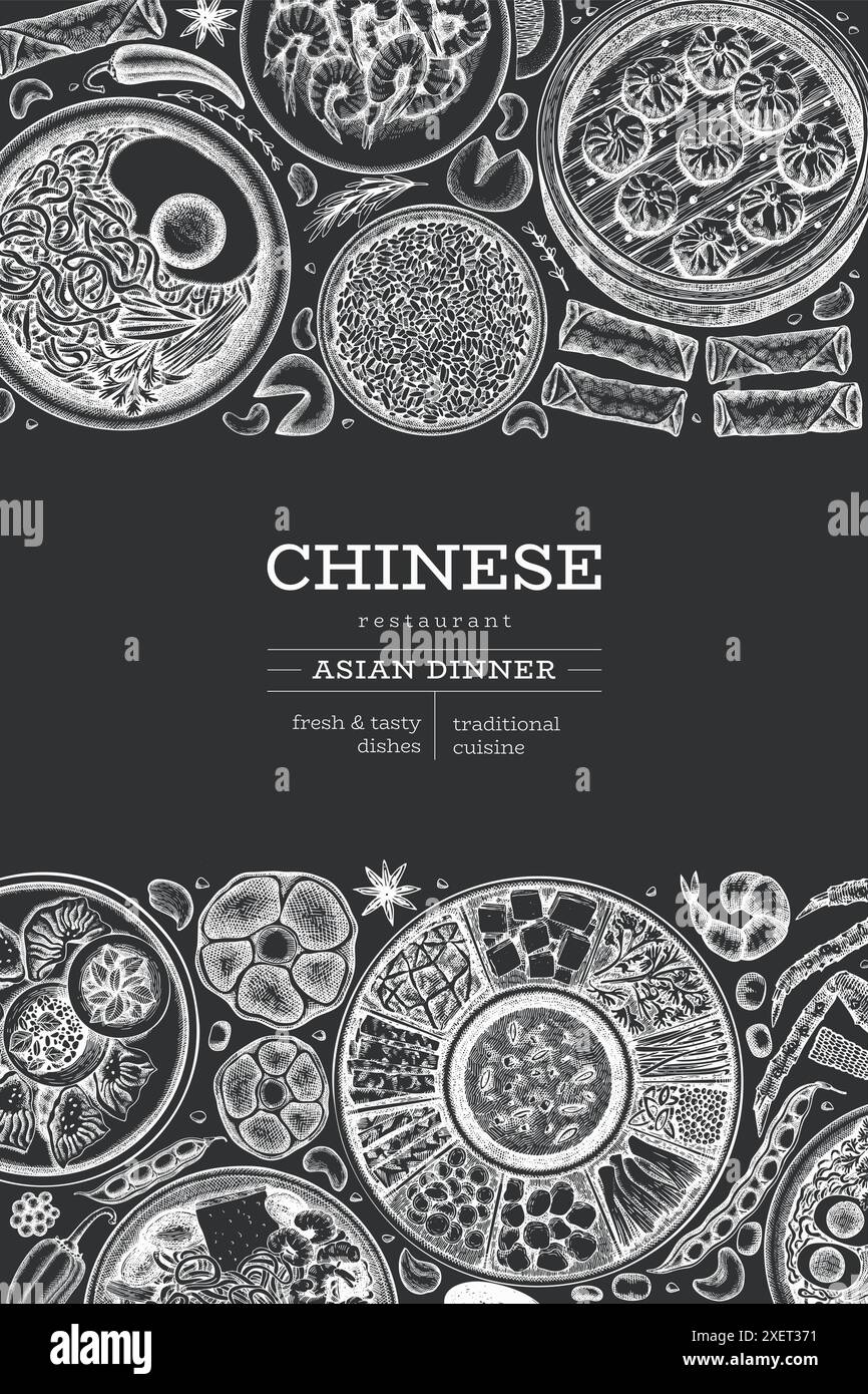 Chinese Cuisine Chalk Board Design Template. Vector Hand Drawn Asian Food Banner. Vintage Style Menu Chalk Illustration. Stock Vector