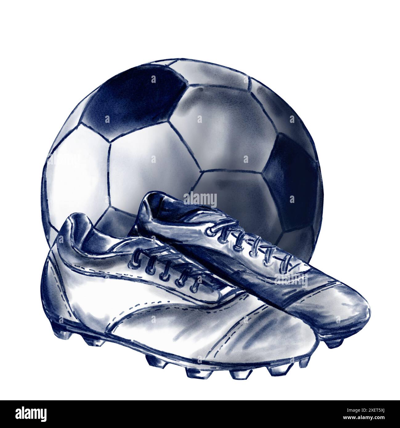 football accessories. A ball next to a pair of football boots. Monochrome watercolor illustration in blue. Stock Photo