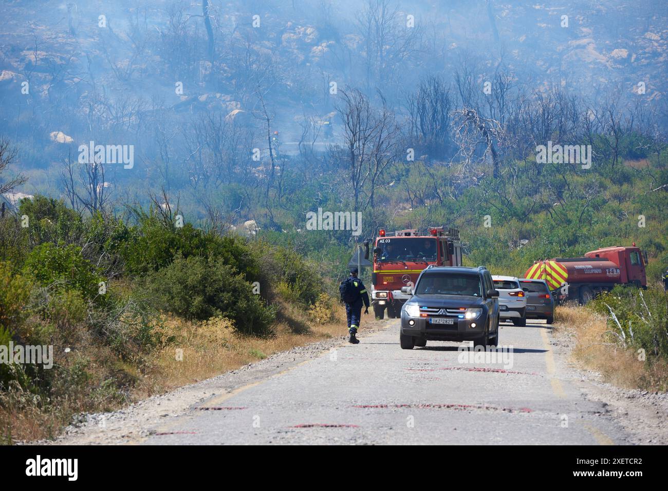 June 29, 2024, Athens, Greece: A large wildfire burns Katsimidi, an ...