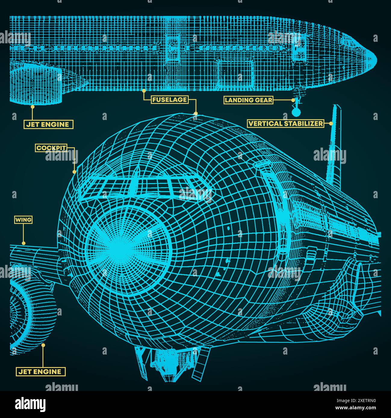 Vector illustration of a fragment of drawings of a civilian jet in the retro style Stock Vector