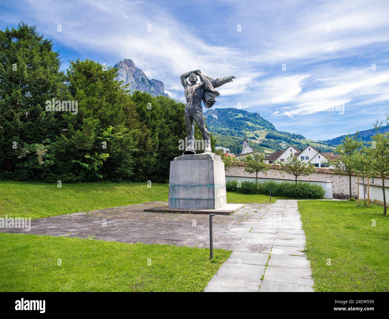 Schwyz, Switzerland - June 18, 2024: Monumental sculpture Wehrbereitschaft - Military readiness, Federal Charter Museum - Bundesbriefmuseum Stock Photo