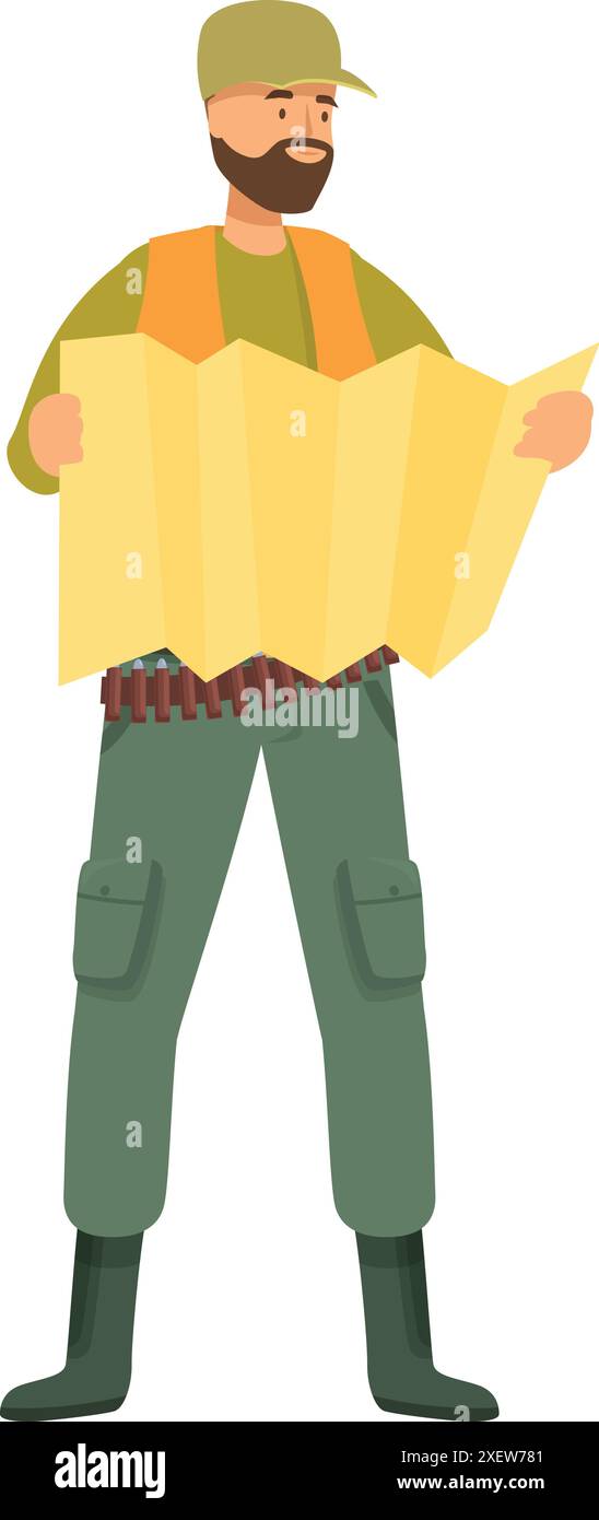 Hunter wearing green uniform holding paper map navigating in forest Stock Vector