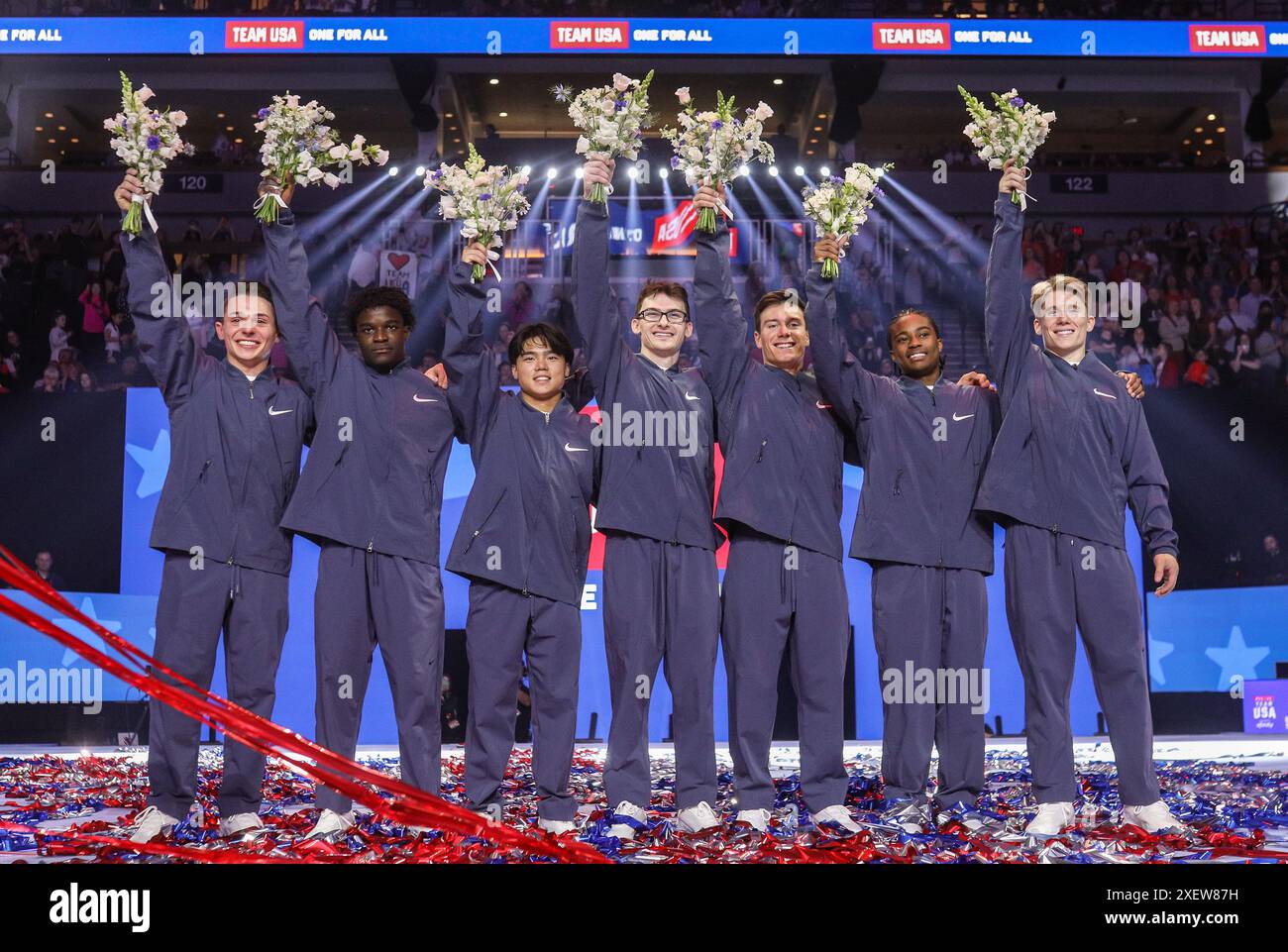 June 29, 2024: The members of the U.S. men's Olympic gymnastics team ...