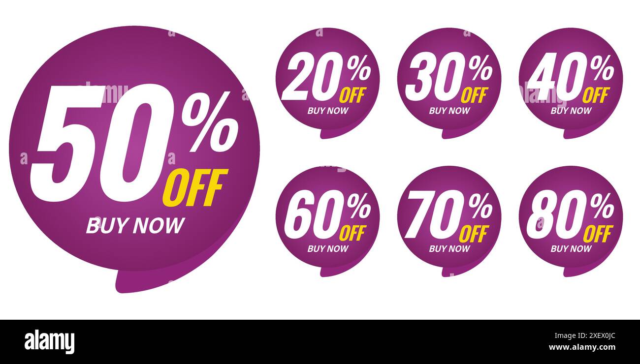 Different percent discount sticker discount price tag set. Purple round speech bubble shape promote buy now with sell off up to 20, 30, 40, 50, 60, 70 Stock Vector