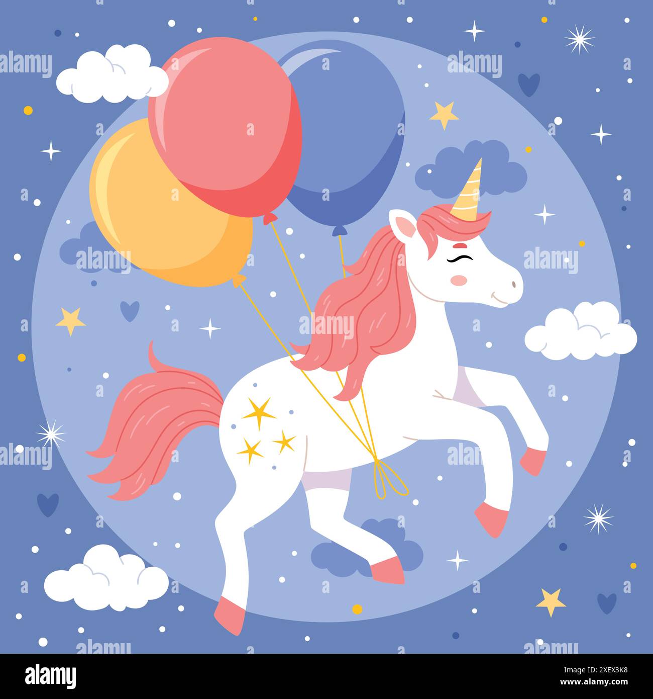 A happy unicorn with balloons is flying across the moonlit sky.For ...