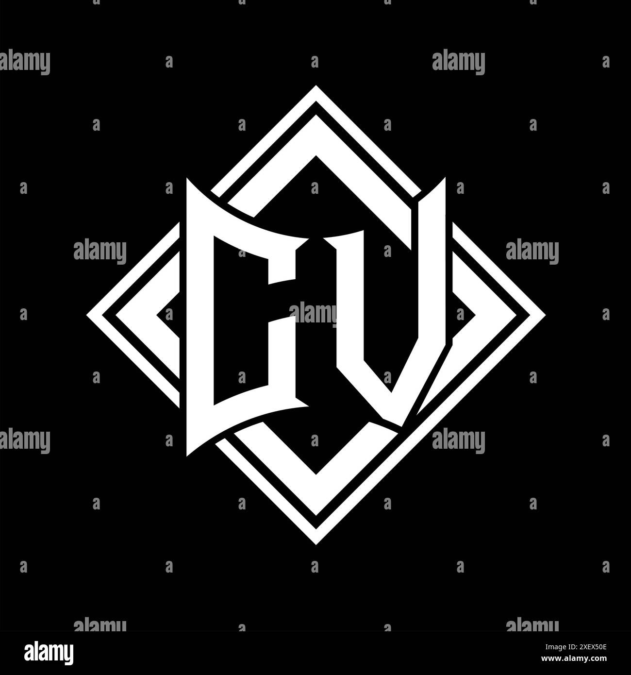 CV Letter logo with abstract shield shape with square white outline on ...