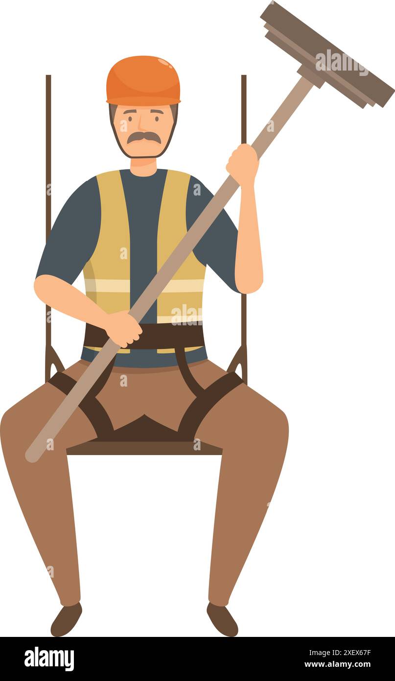 Industrial climber hanging on rope holding squeegee cleaning windows ...