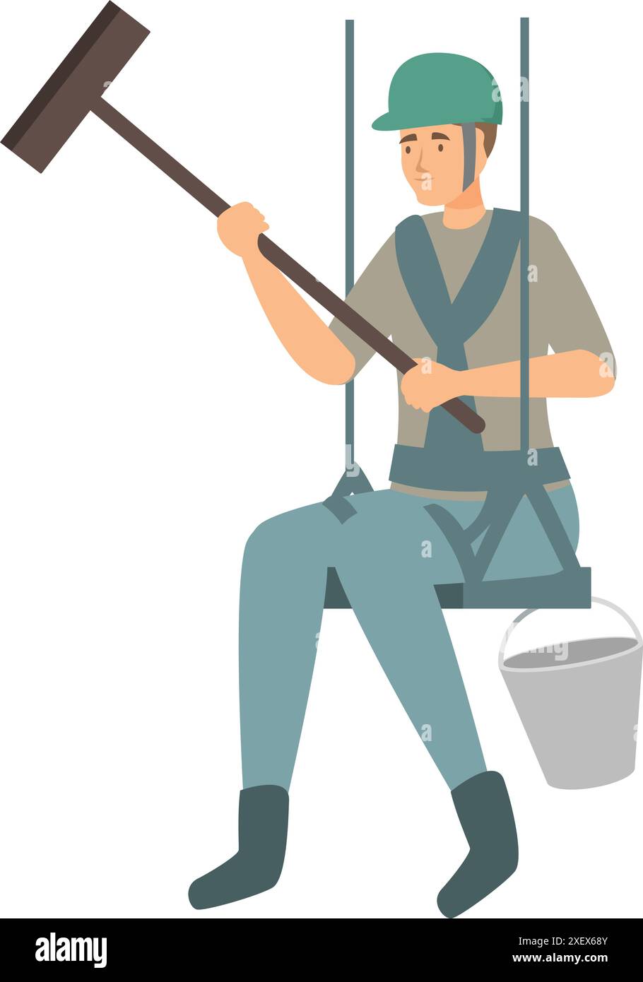 Window cleaner with a bucket and a squeegee working at height secured with his safety harness Stock Vector