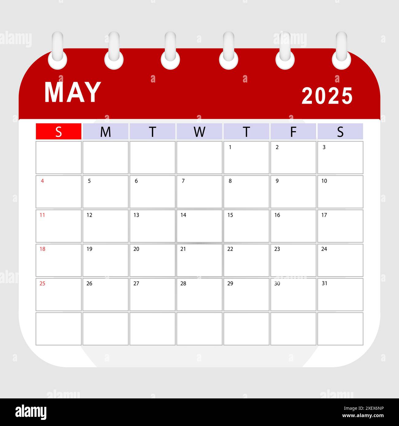 May 2025 calendar. Monthly planner template. Sunday start. Vector design Stock Vector