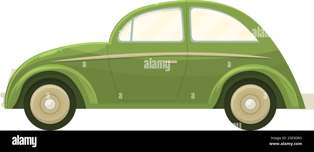 Classic green retro car driving side view, colorful cartoon style ...