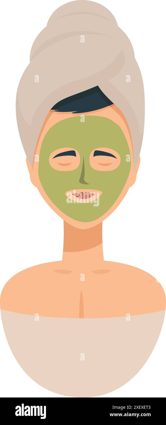 Woman is wearing a towel on her head and a green cosmetic face mask Stock Vector