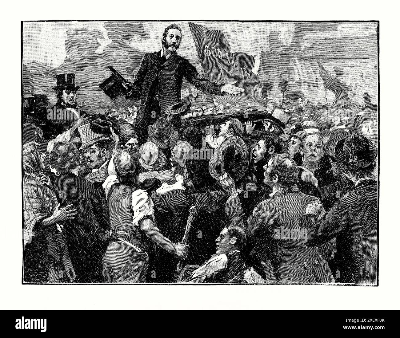 An old engraving of Charles Stewart Parnell (1846 –1891) addressing anti-rent meeting in Limerick, Ireland in 1879. It is from a Victorian history book of c.1900. Parnell was a nationalist political leader, land reformer, and the founder and leader of the Irish Parliamentary Party. A ‘No Rent Manifesto’ in Ireland in 1881, by imprisoned leaders of the Irish National Land League. It called for a campaign of passive resistance by the entire population of small tenant farmers, by withholding what they considered unfair rents under the Land Law (Ireland) Act 1881. Stock Photo