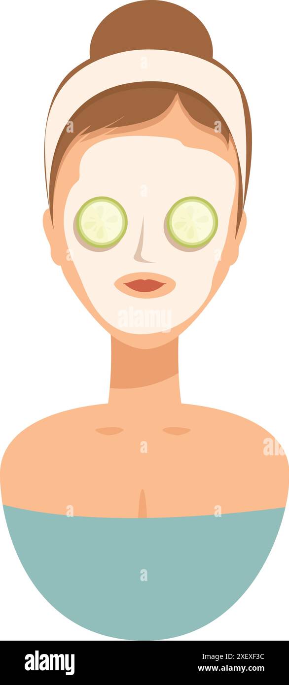 Young woman enjoying a facial treatment with a cucumber mask, embracing a moment of self care and rejuvenation Stock Vector