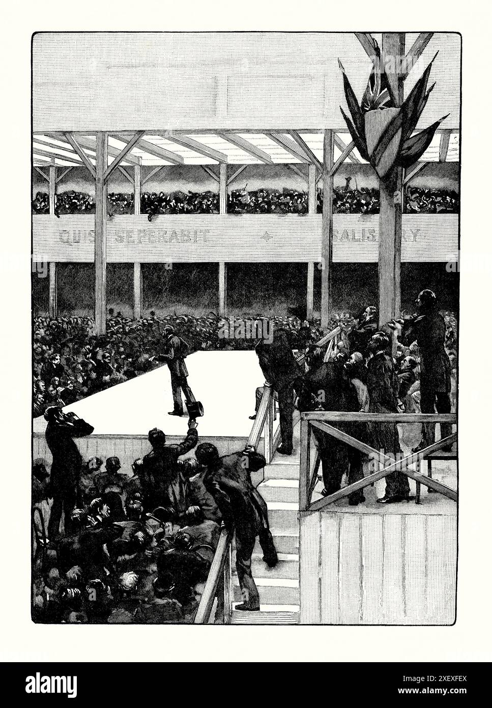 An old engraving of the Great Unionist demonstration in Belfast, Ireland in 1892. It is from a Victorian history book of c.1900. 12,000 people gathered on June 17 1892, to demonstrate their opposition to Home Rule. Because no building in Belfast could accommodate such a large crowd, a convention pavilion was specially erected for the occasion. Stock Photo