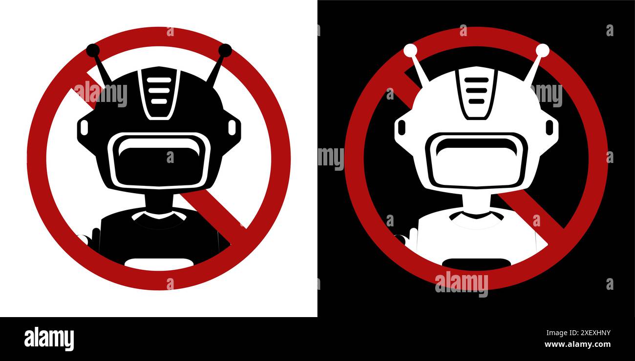Printable Robot Sign Set of vector monochrome silhouette robots in prohibition sign on white ...