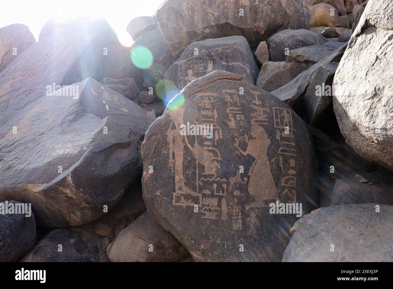 The Famine Stela (ancient egyptian inscriptions written in Egyptian hieroglyphs located on Sehel Island in Aswan, Egypt) Stock Photo