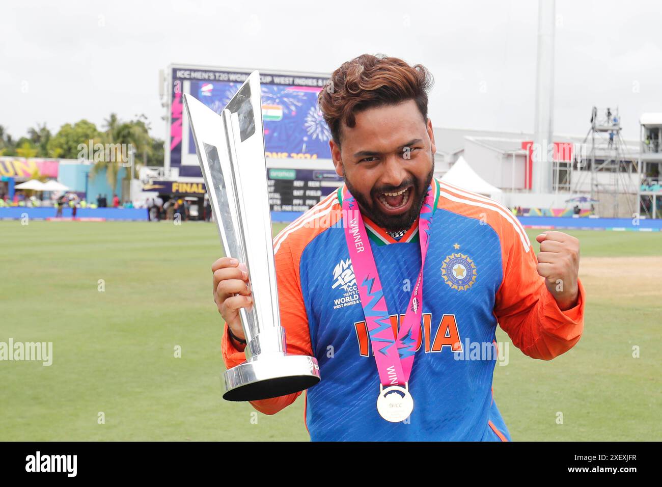 India's Rishabh Pant celebrates victory following the 2024 ICC Men's