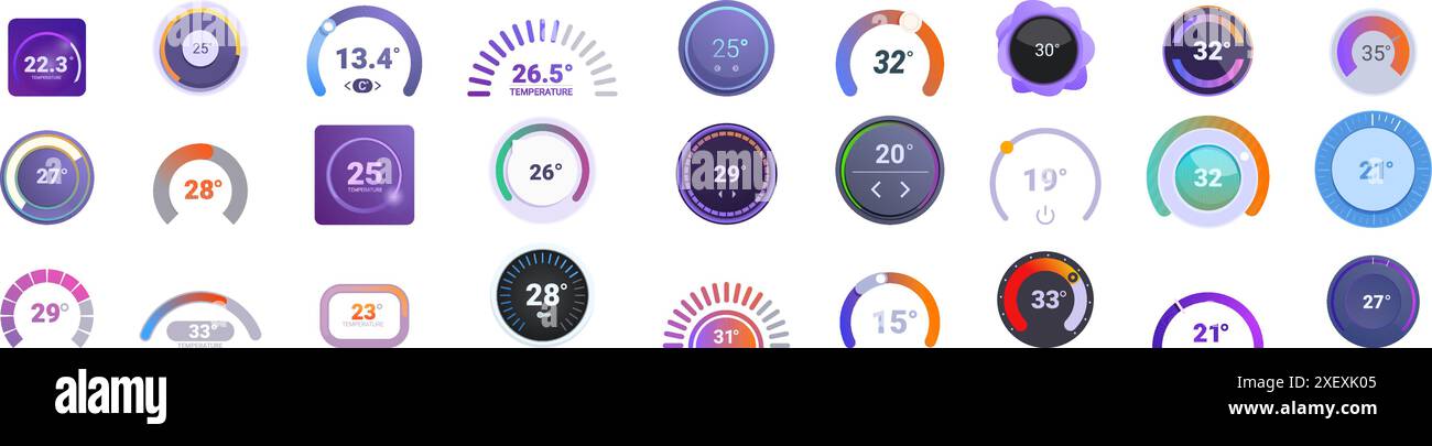 Thermostat ui icons set. Set of round temperature control panels ...