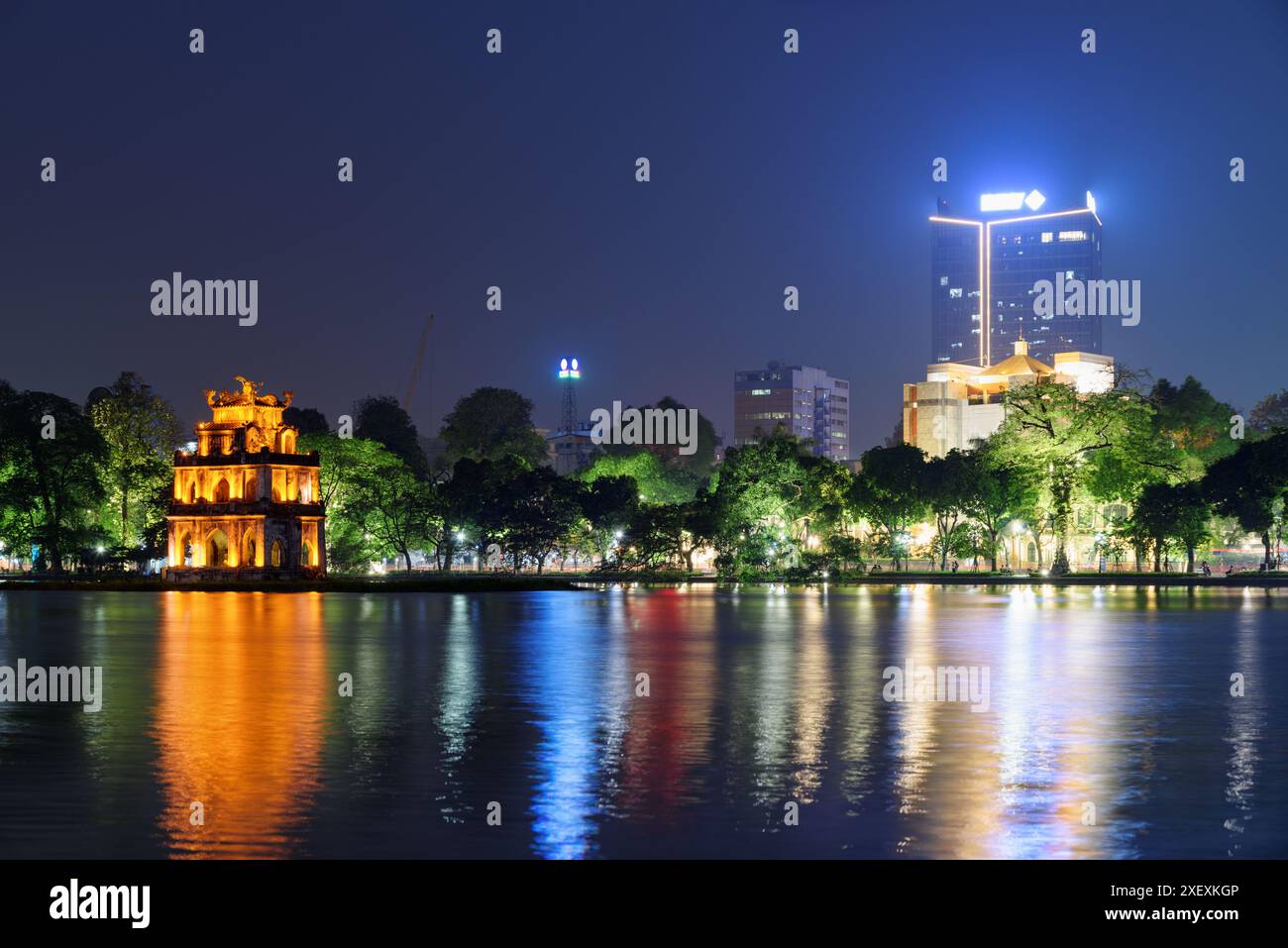 View of the Turtle Tower in middle of the Hoan Kiem Lake (Lake of the ...